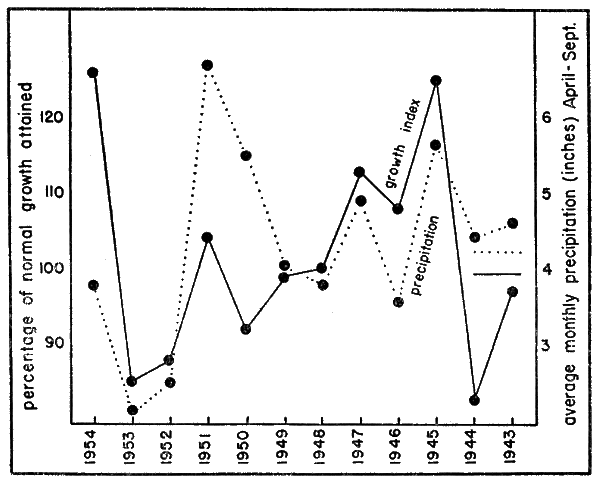 Fig. 12. The relation of growth rate in Terrapene o. ornata (solid line) to precipitation