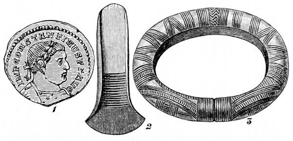 Fig. 82. British relics. 1, A coin of the age of Constantine. 2, Bronze weapon from a Suffolk barrow. 3, Bronze bracelet from Liss in Hampshire.