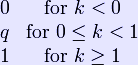  \begin{matrix} 0 & \mbox{for }k<0 \\q & \mbox{for }0\leq k<1\\1 & \mbox{for }k\geq 1 \end{matrix} 