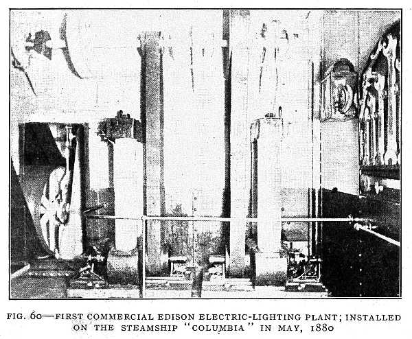 FIG. 60–FIRST COMMERCIAL EDISON ELECTRIC-LIGHTING PLANT; INSTALLED ON THE STEAMSHIP "COLUMBIA" IN MAY, 1880
