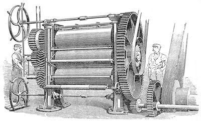 Calenders Heated Internally by Steam, for Spreading India Rubber into Sheets or upon Cloth, called the Chaffee Machine.
