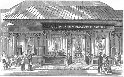 Charles Goodyear's Exhibition of Hard India Rubber Goods at the Crystal Palace, Sydenham, England. (From a print published at the time.)