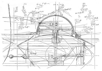 Fac-simile of a Pencil Sketch by Ericsson, giving a Transverse Section of his Original Monitor Plan, with a Longitudinal Section drawn over it.