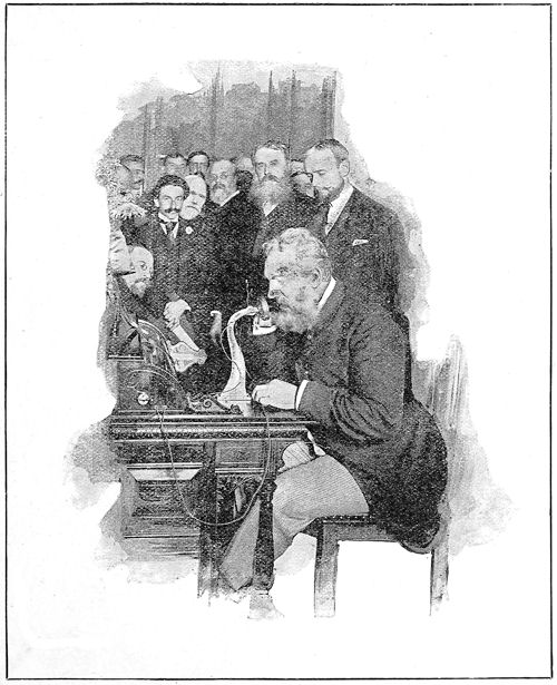 Professor Bell Sending the First Message, by Long-distance Telephone, from New York to Chicago.