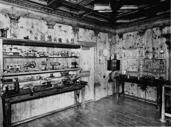Figure 23.—Interior of Bertolla's workshop, showing the main workbench and the collection of clockmakers' tools. (Courtesy of Museo Nazionale della Scienza e della Tecnica, Milan.)