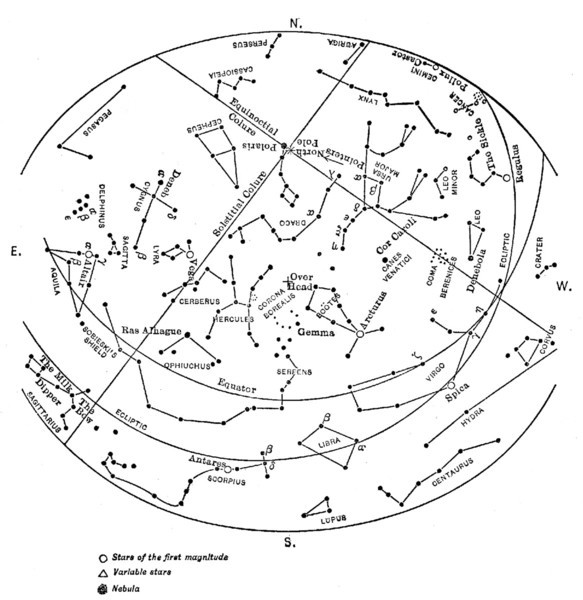 Maps showing the principal stars visible from Lat. 40° N. at 9 o'clock, July first.