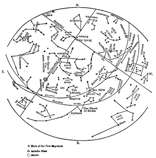 Map showing the principal stars visible from Lat. 40° N. at 9 o'clock April 1st.