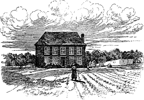 A house with 9 windows, and a ploughed field in front