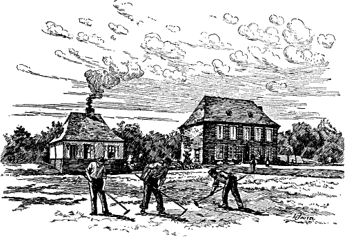 The house as before, with another beside, and some men working in the field