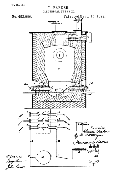 T. PARKER. ELECTRICAL FURNACE. Patented Sept. 13, 1892. Fig. 1. Fig. 2. Inventor Thomas Parker By his attorneys Howson and Howson Witnesses: George Baumann John Revell
