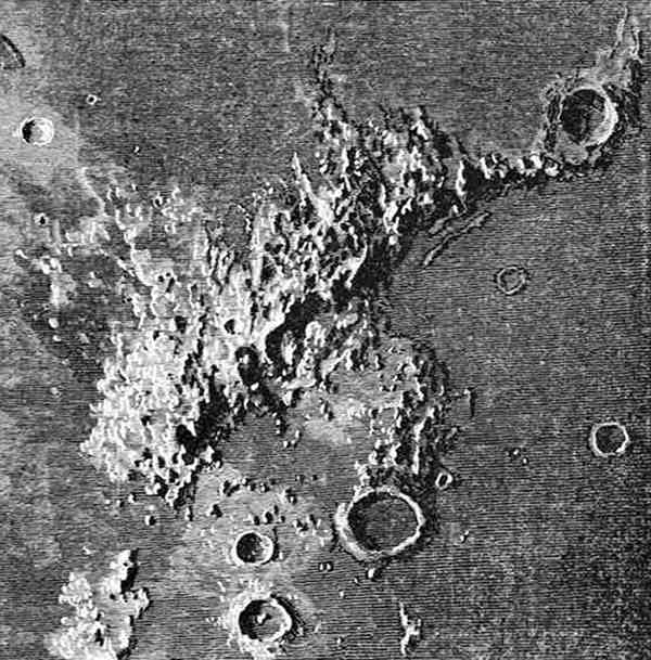 Fig. 7. The Lunar Apennines. (Copied by kind permission of MM. Henri from part of a magnificent photograph taken by them, March 29, 1890, at the Paris Observatory.)