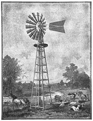 FIG. 119.—The windmill pumps water into the troughs where cattle drink.