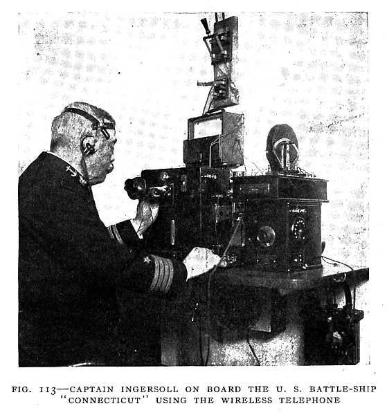 FIG. 113–CAPTAIN INGERSOLL ON BOARD THE U. S. BATTLE-SHIP "CONNECTICUT" USING THE WIRELESS TELEPHONE