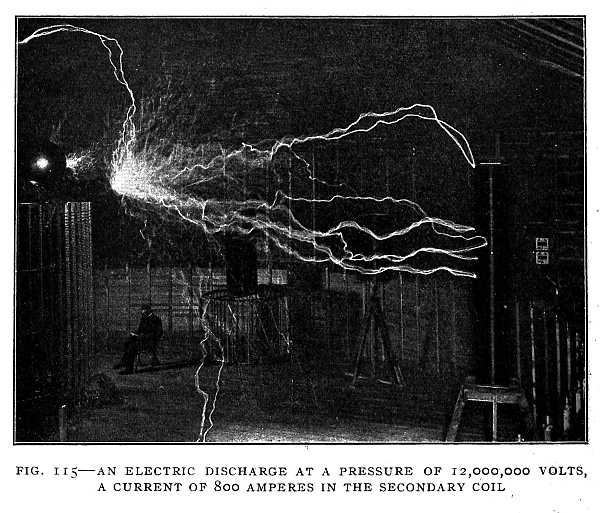 FIG. 115–AN ELECTRIC DISCHARGE AT A PRESSURE OF 12,000,000 VOLTS, A CURRENT OF 800 AMPERES IN THE SECONDARY COIL