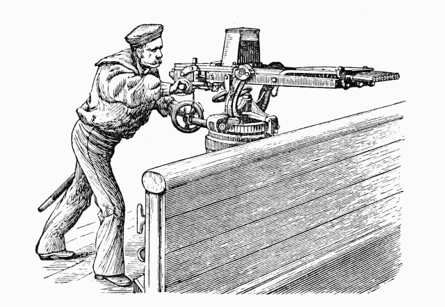 Nordenfelt-Palmcrantz Gun mounted on Ship's Bulwark.