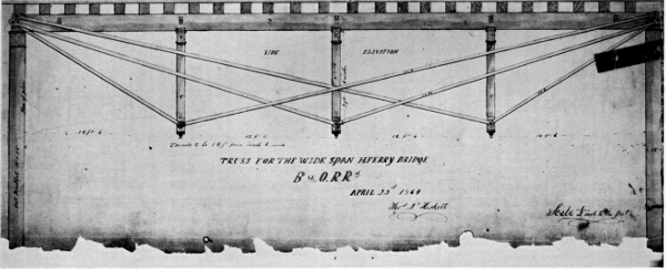 Figure 4.—Simple beam of 50-foot span with three independent trussing systems. Bollman’s use of this method of support led to the development of his bridge truss. This drawing is of a temporary span used after the timber bridge at Harpers Ferry was destroyed during the Civil War. (In Baltimore and Ohio Collection, Museum of History and Technology.)
