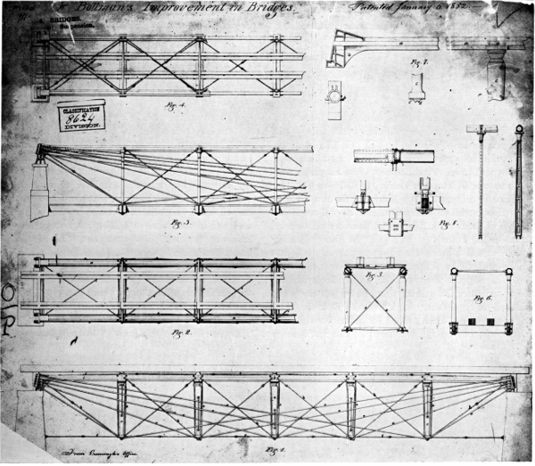 Figure 5.—Bollman’s original patent drawing, 1851. (In National Archives, Washington, D.C.)