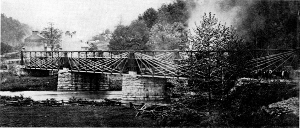 Figure 9.—Bollman skew bridge at Elysville (now Daniels), Maryland, built in 1853-1854. (Photo courtesy of Maryland Historical Society.)
