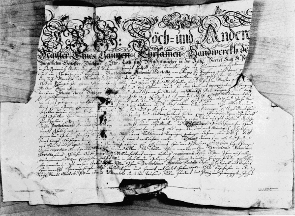 Figure 6.—Certificate of apprenticeship awarded to Bartolomeo Antonio Bertolla upon completion of his 3-year apprenticeship at Neulengbach, dated December 27, 1722.