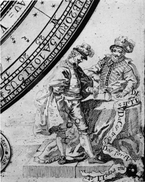 Figure 14.—The bottom right corner of the dial plate, showing two noblemen contemplating an orb, with the inscription "Diligit Avdaces Trepidos Fortvna Repellet." (Fortune favors the daring and rejects the timid.)