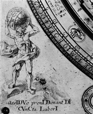 Figure 15.—The bottom left corner of the dial plate, showing the engraving of Atlas, with the inscription "Assidvo proni donant di cvncta labori." (The favorable gods willingly grant all things to the assiduous laborer.)