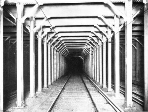 STANDARD STEEL CONSTRUCTION IN TUNNEL—THIRD RAIL PROTECTION NOT SHOWN